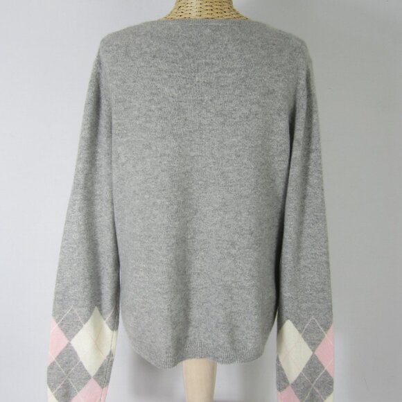 Vtg Lord & Taylor Women XL Gray Pink Argyle 2ply Cashmere LS Pullover Sweater - Picture 2 of 9